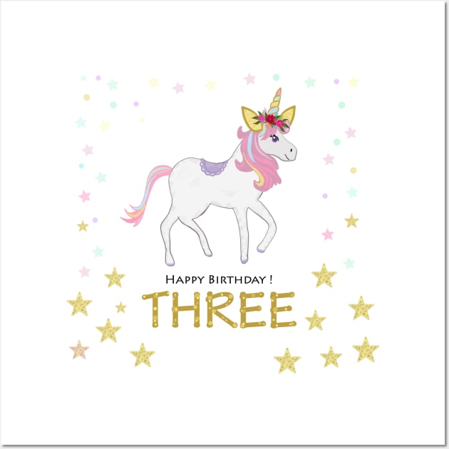 Third birthday. Three. Unicorn Birthday invitation. Party invitation greeting card Wall Art by GULSENGUNEL